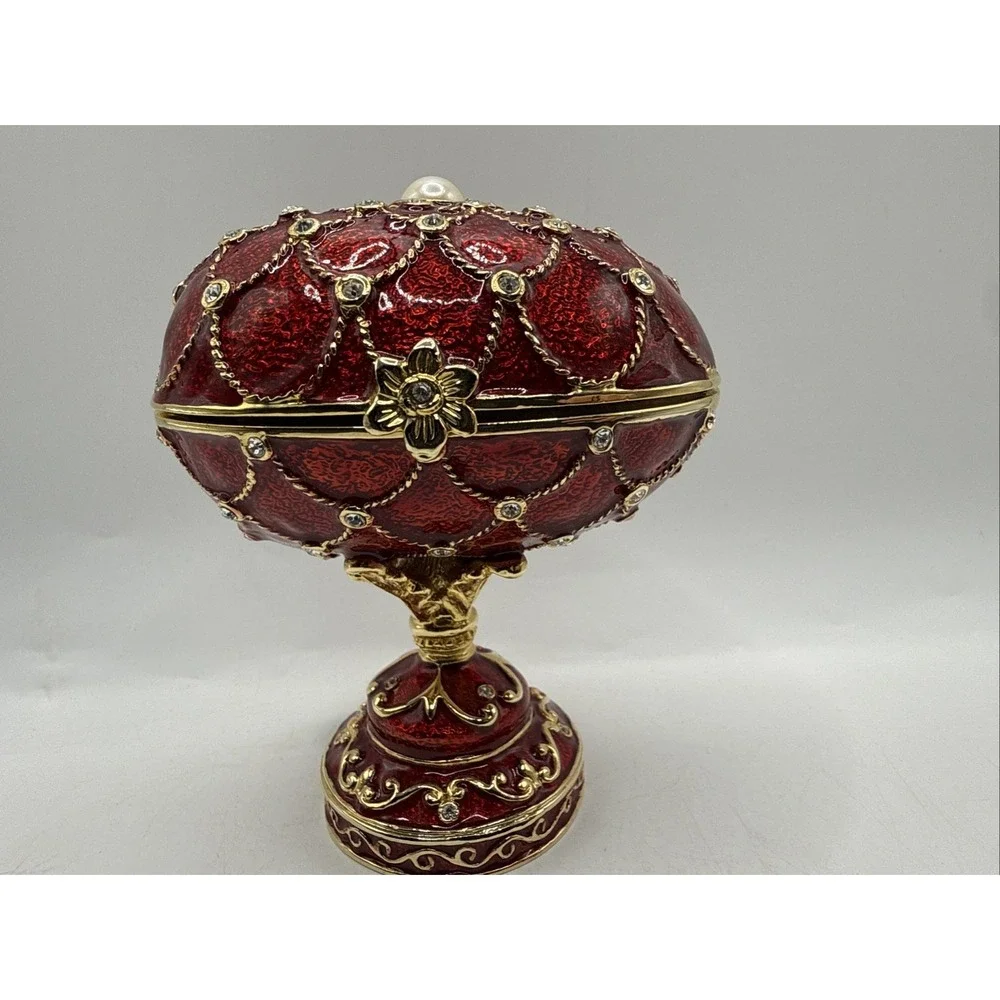 Jeweled Enameled Hinged Red Egg Trinket/Jewerly Box